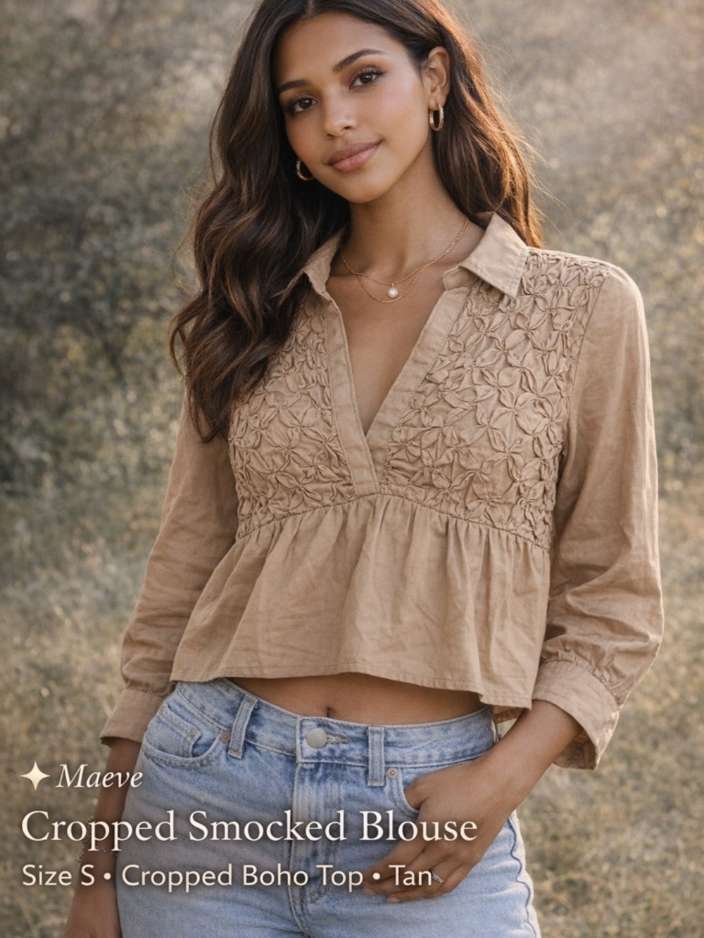 Maeve Anthropologie Cropped Smocked Blouse Size S Boho Peasant Top Tan